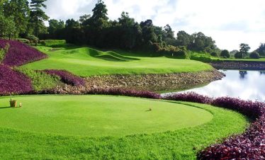 Golfers enjoying a sunny day on the oceanfront fairways of Ria Bintan Golf Club