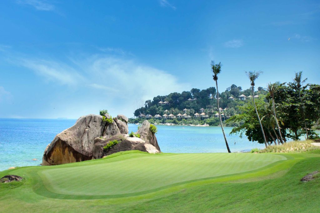 Beautiful view of Laguna Golf Bintan course with lush greenery and rolling hills