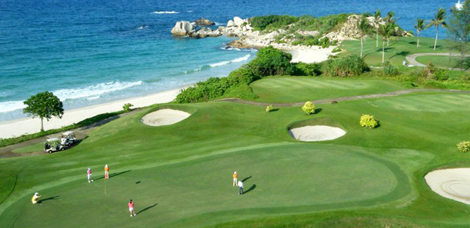 Panoramic view of Bintan Lagoon Golf course with tropical surroundings and waterfront holes