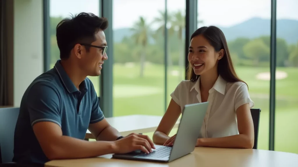Korean golfer discussing personalized golf package with Malay customer service agent at tropical resort, using laptop.