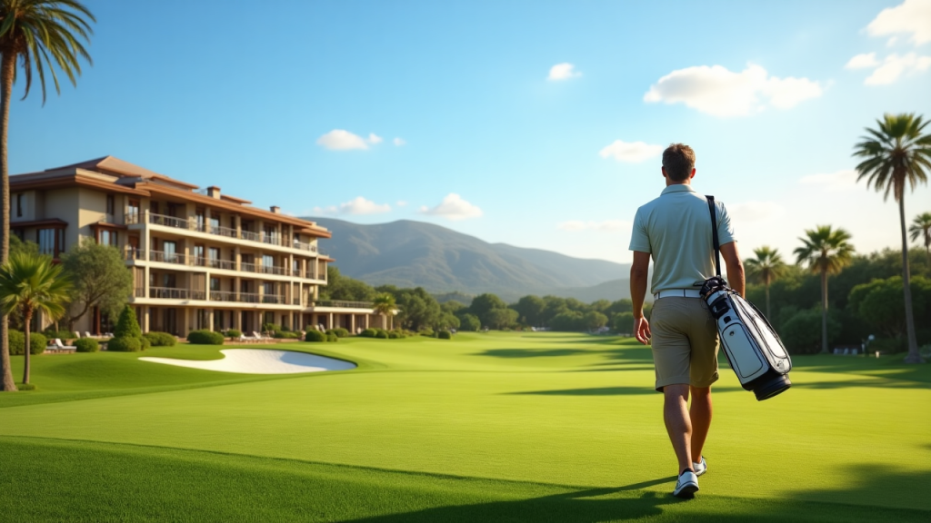 Golfer walking toward a tropical golf course with resort hotel in the background
