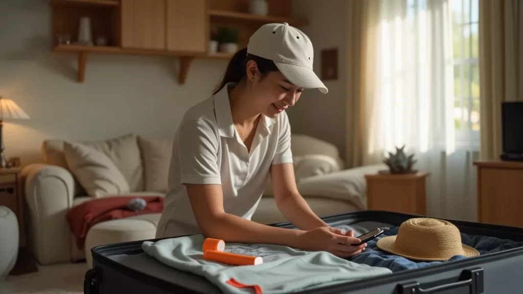 Korean golfer at home packing tropical golf clothes and checking cultural guidebook or translation app for Bintan trip preparation.