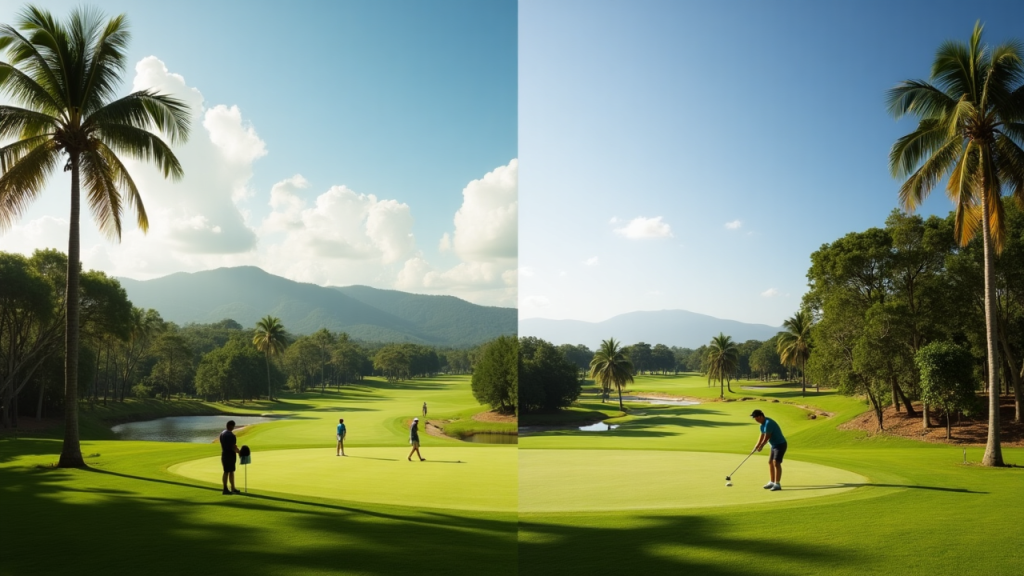 Side-by-side comparison of golfers playing on a quiet weekday versus a busy weekend at a tropical golf course in Bintan