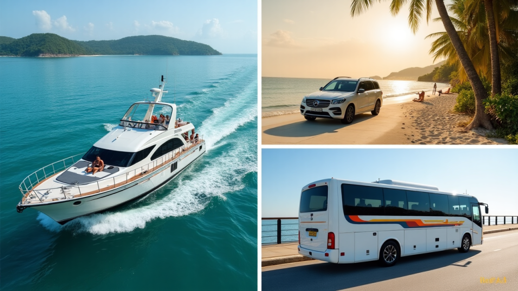 Collage of ferry, shuttle van, and airport bus transport options to Bintan Island with tropical background