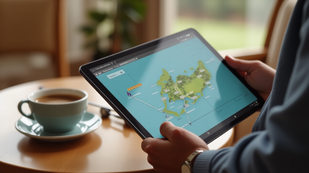 Person viewing a map showing the distance from Singapore to Bintan Island.

