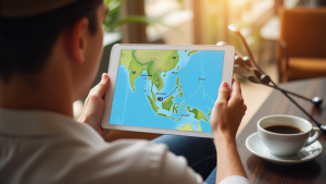Golfer from Singapore planning a Bintan golf trip on a tablet, with golf clubs and a ferry route map visible on the table.