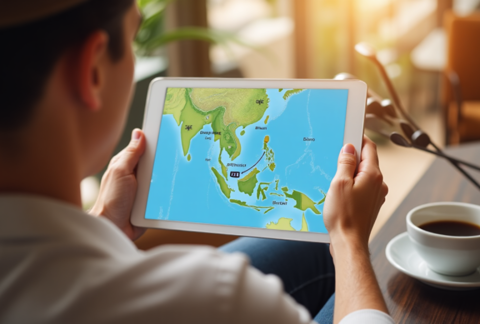 Golfer from Singapore planning a Bintan golf trip on a tablet, with golf clubs and a ferry route map visible on the table.
