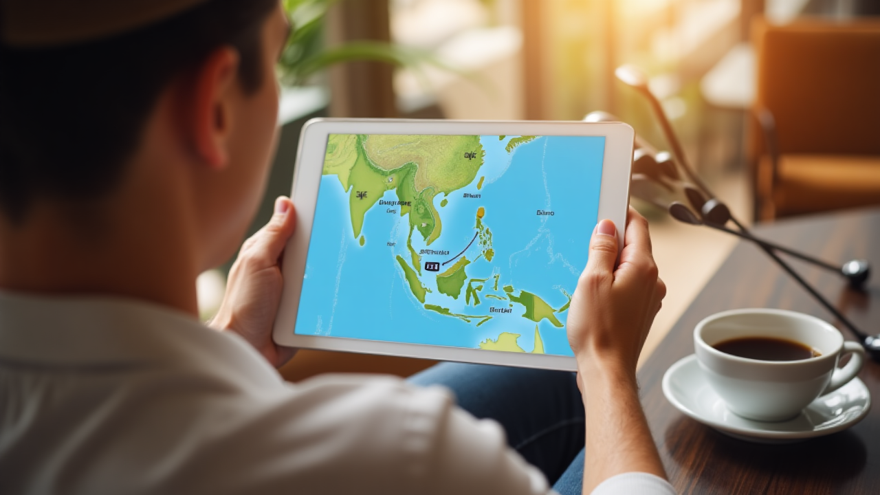 Golfer from Singapore planning a Bintan golf trip on a tablet, with golf clubs and a ferry route map visible on the table.