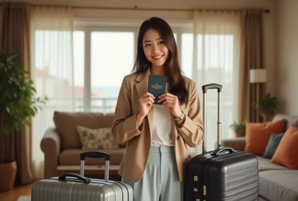 Korean traveler at home with packed suitcases, checking flight tickets and passport, ready to depart for Bintan golf vacation.