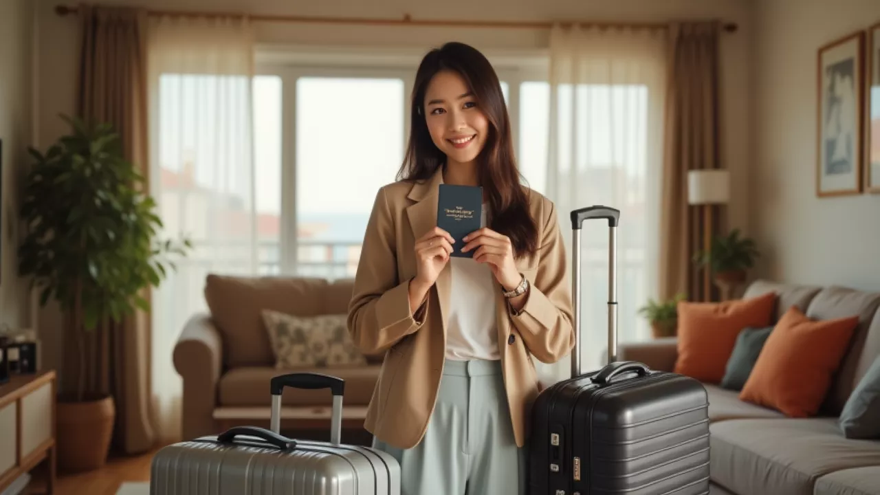 Korean traveler at home with packed suitcases, checking flight tickets and passport, ready to depart for Bintan golf vacation.