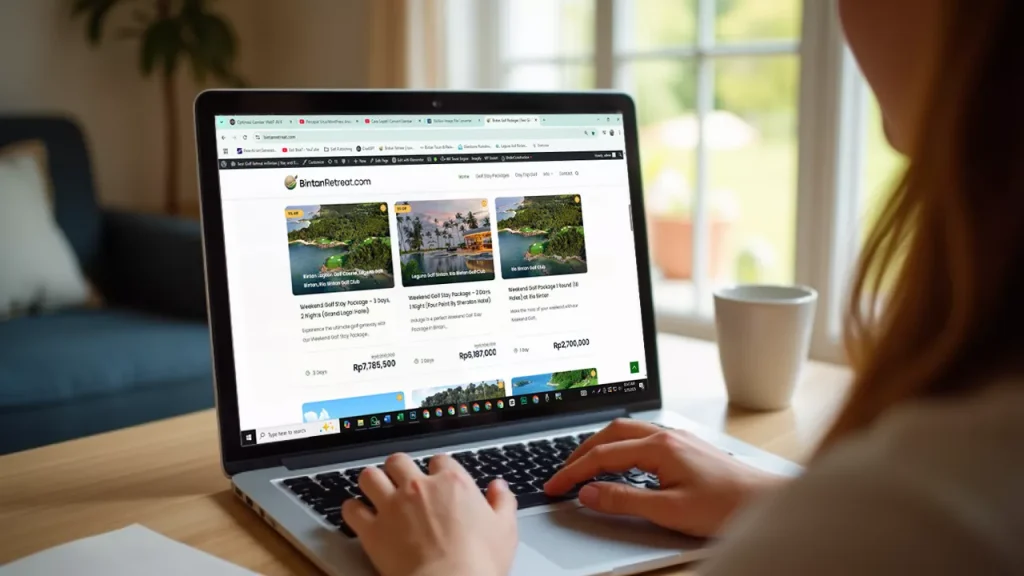 Korean traveler completing online booking for Bintan golf package on laptop or smartphone, with booking confirmation screen visible.