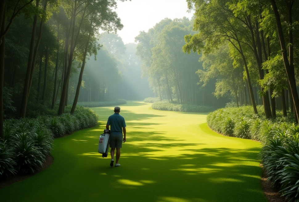 Golfer walking through lush forest fairway at Ria Bintan’s Forest Course