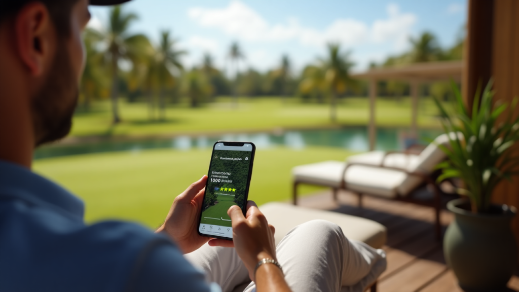 A traveler reading online golf course reviews on a smartphone at a tropical resort with a view of a golf course in the background