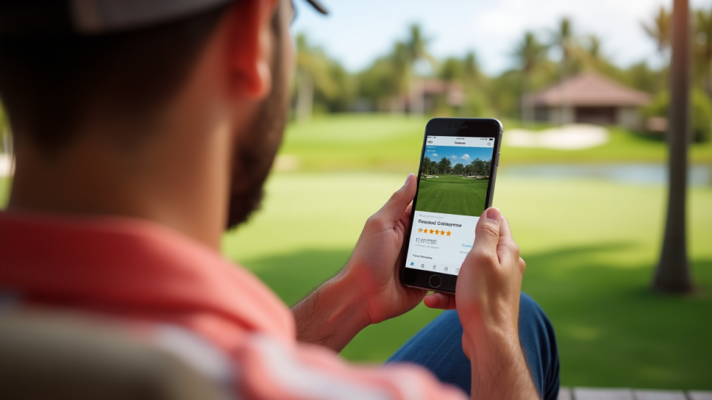 A traveler reading authentic customer reviews for Bintan golf packages on a laptop screen

