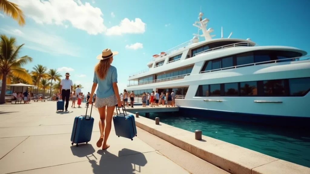 South Korean traveler boarding a modern ferry at tropical port, en route to Bintan golf resort as part of Bintan golf packages from South Korea.