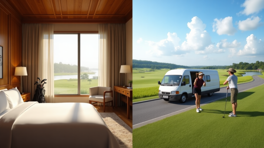Side-by-side view of a luxury hotel room with golf gear and a golfer arriving for a day trip at a Bintan golf course