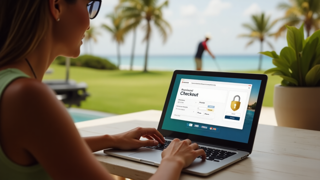 Traveler booking a golf package online on a secure and trusted travel website with visible SSL padlock icon
