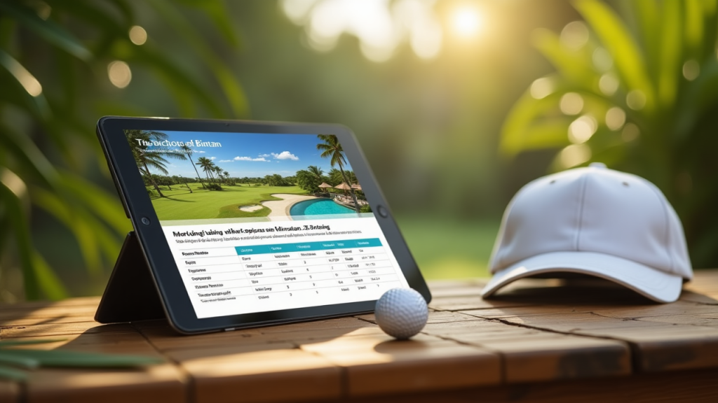 Golf vacation package details displayed on a tablet at a tropical resort table