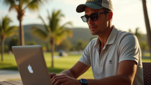 Tourist booking Bintan golf packages online using a laptop at a tropical resort