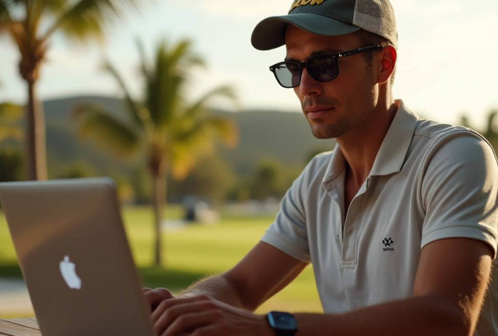 Tourist booking Bintan golf packages online using a laptop at a tropical resort