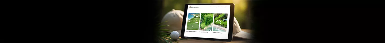 Tablet showing Bintan golf course options with golf cap and ball on table