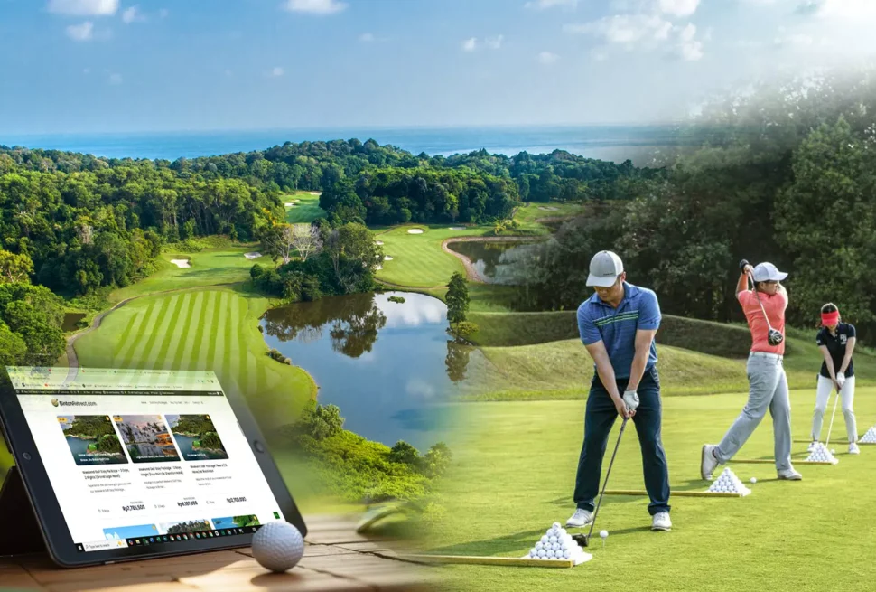 Korean golfer practicing on a lush tropical golf course in Bintan, Indonesia, with BintanRetreat.com booking app displayed on a phone in the foreground.
