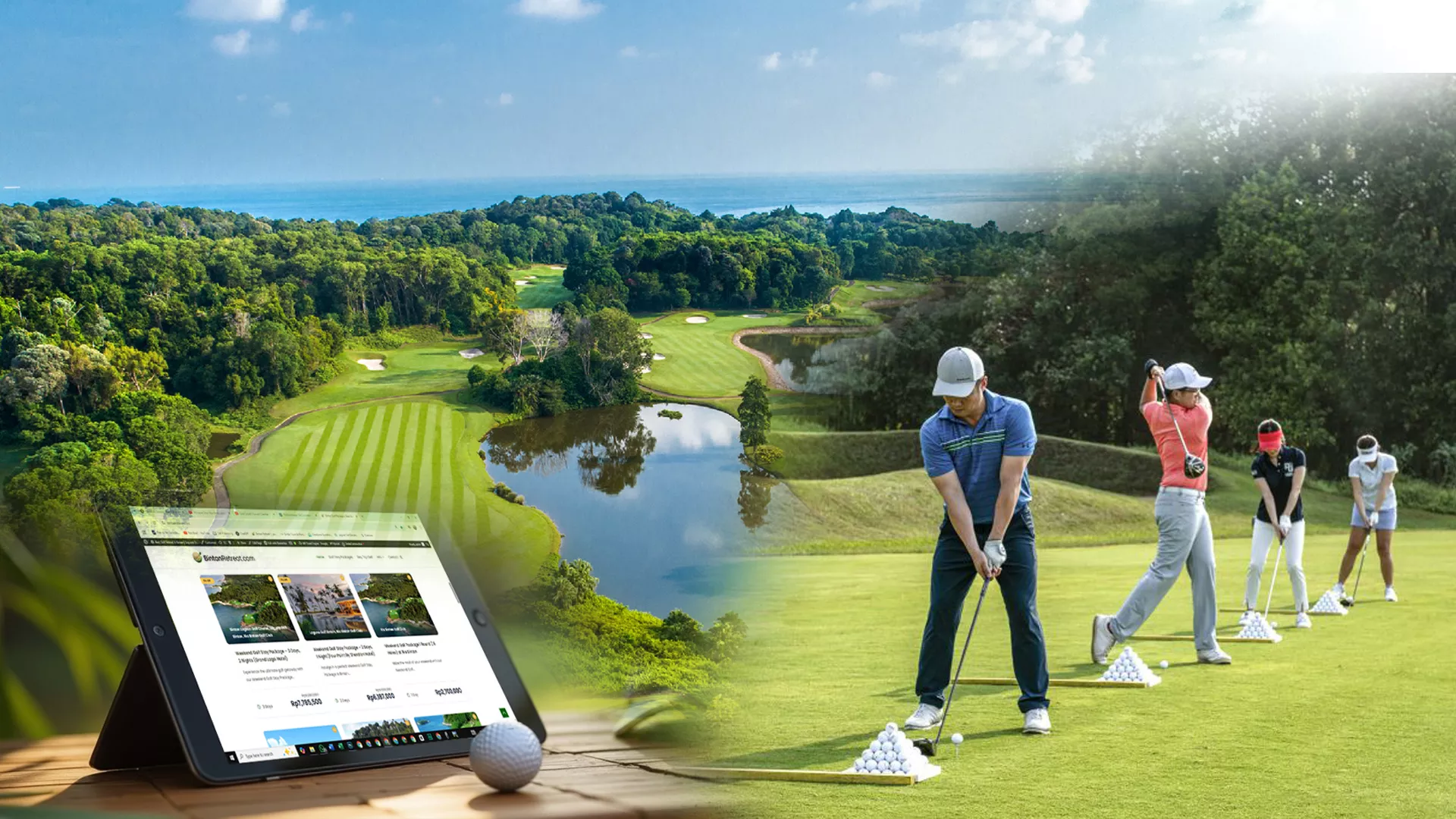 Korean golfer practicing on a lush tropical golf course in Bintan, Indonesia, with BintanRetreat.com booking app displayed on a phone in the foreground.
