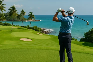 Scenic view of a golfer swinging on a lush Bintan golf course with tropical trees and blue skies, promoting a hassle-free golf getaway from Singapore.