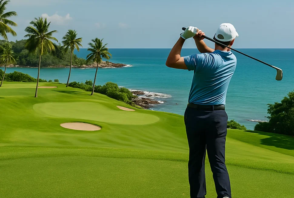 Scenic view of a golfer swinging on a lush Bintan golf course with tropical trees and blue skies, promoting a hassle-free golf getaway from Singapore.