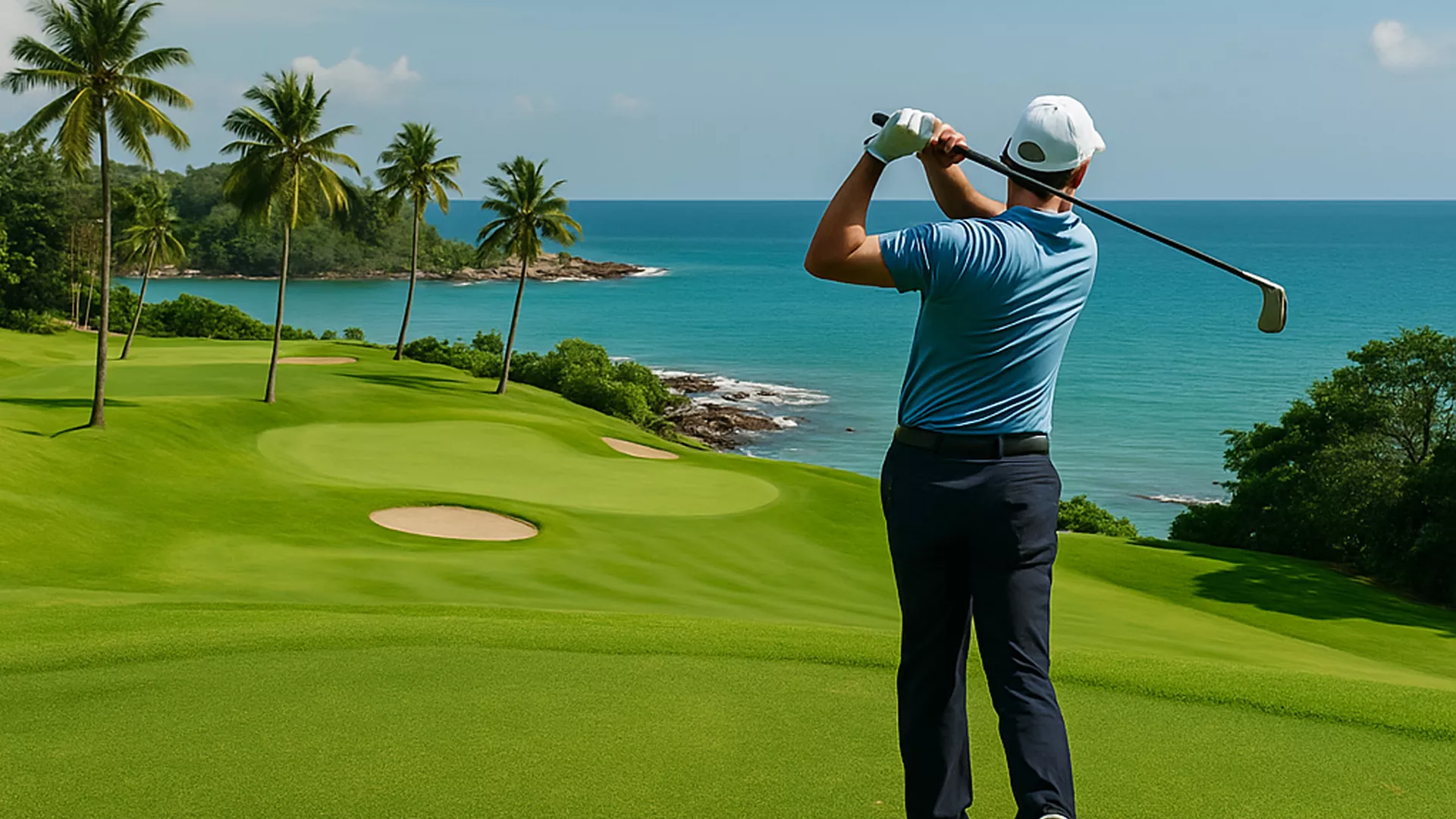 Scenic view of a golfer swinging on a lush Bintan golf course with tropical trees and blue skies, promoting a hassle-free golf getaway from Singapore.